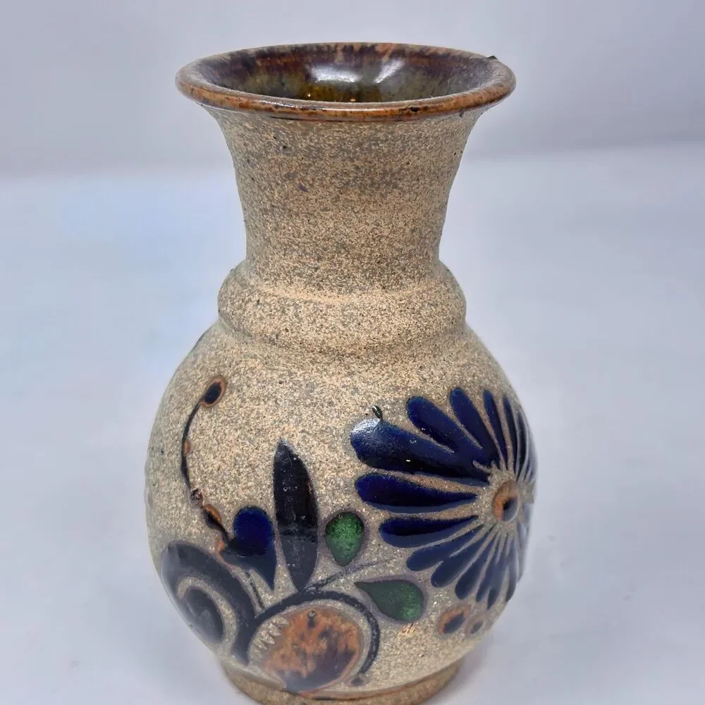 Vintage Tonala Mexican Pottery Vase Signed EM Mex Hand Painted Folk Art 4.75x3